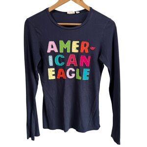 Vintage Y2K 00s American Eagle Long Sleeve Shirt Womens S Navy Patchwork Top